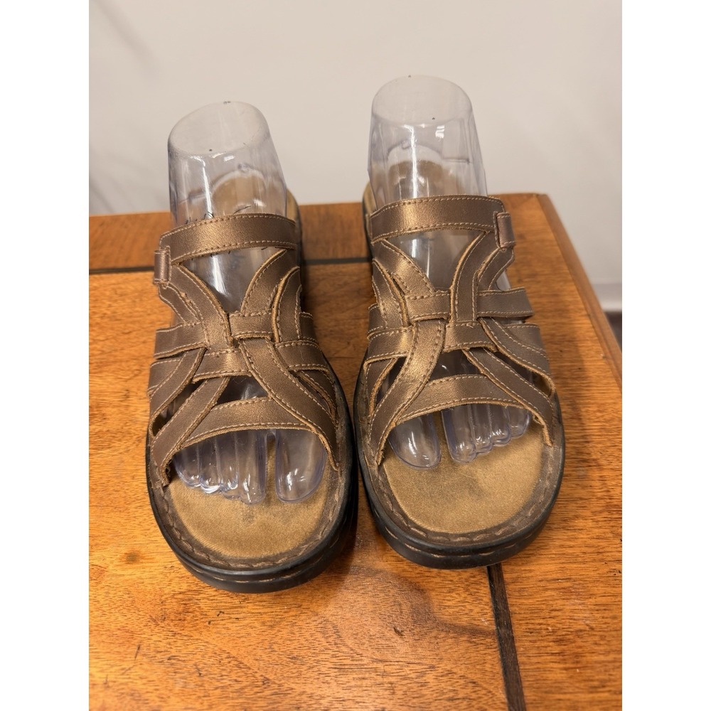 Clarks Bendable Women's 9 Wedge Sandals Slide Brown Metallic Adjustable Straps